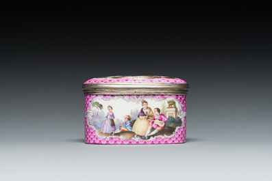 An oval gilt-silver-mounted polychrome Meissen porcelain snuff-box and cover, Germany, 3rd quarter 18th C.