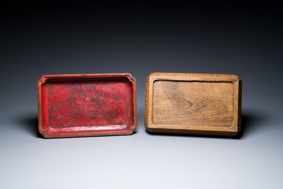 A Chinese rectangular huanghuali wooden box and cover with dragons, 17/18th C.