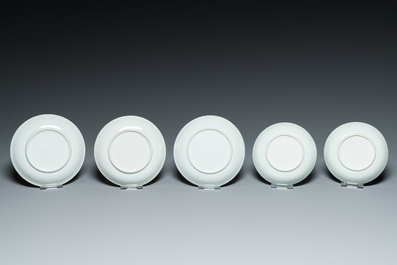Ten Chinese blue, white, famille rose and Dutch-decorated cups and nine saucers, Kangxi and later