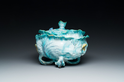 A polychrome Brussels faience 'caterpillars' tureen and cover on a 'butterfly' stand, 18th C.