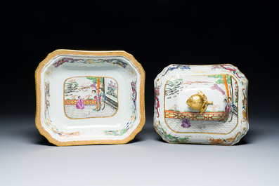 Twee fraaie Chinese gemonogrammeerde Canton famille rose dekselterrines en een kom, midden 19e eeuw