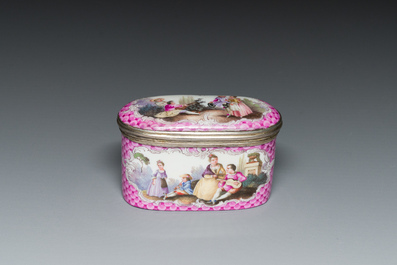 An oval gilt-silver-mounted polychrome Meissen porcelain snuff-box and cover, Germany, 3rd quarter 18th C.