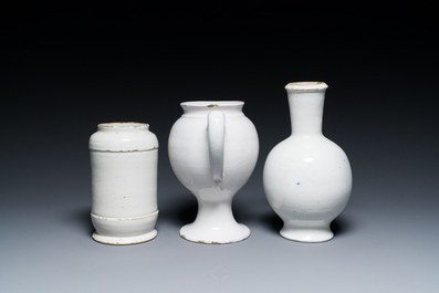 Three Dutch Delft blue and white pharmacy jars, 18th C.