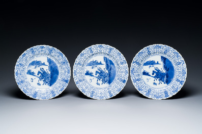 Three Chinese blue and white 'Mongolian hunt' dishes, Chenghua mark, Kangxi