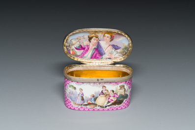 An oval gilt-silver-mounted polychrome Meissen porcelain snuff-box and cover, Germany, 3rd quarter 18th C.
