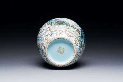 A Chinese famille rose 'hu' vase with fine landscapes, Qianlong mark, 19/20th C.