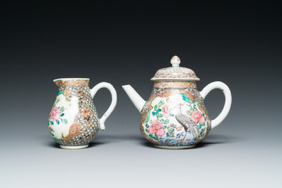 A Chinese famille rose 'pheasants' teapot and milk jug, Yongzheng