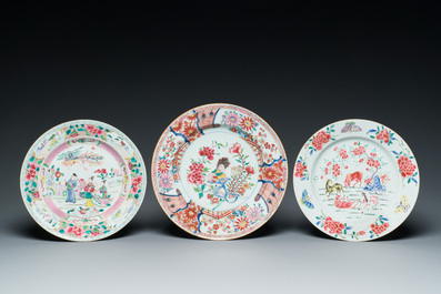A Chinese famille rose dish and two plates, Yongzheng/Qianlong
