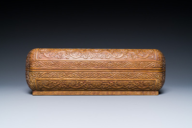 A Chinese rectangular huanghuali wooden box and cover with dragons, 17/18th C.