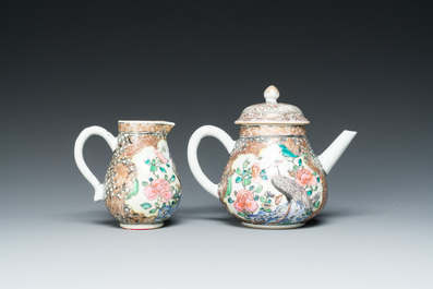 A Chinese famille rose 'pheasants' teapot and milk jug, Yongzheng