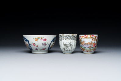 Six Chinese famille rose and grisaille export porcelain wares, Qianlong