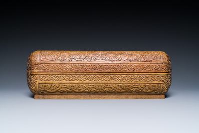 A Chinese rectangular huanghuali wooden box and cover with dragons, 17/18th C.