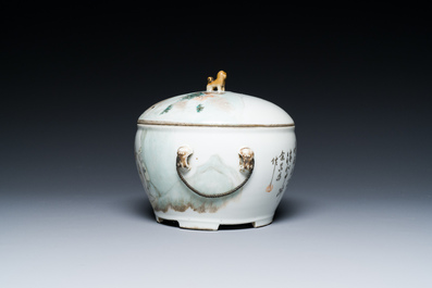 A Chinese qianjiang cai dish with Dai Yucheng 戴裕成 seal mark and a covered bowl, signed Yu Luchang 余吕昌 and dated 1885