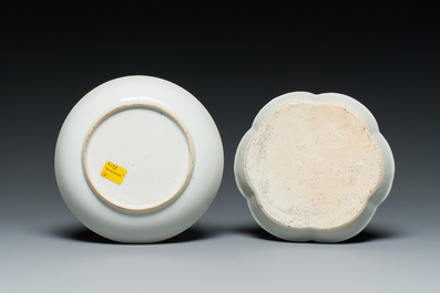 Two Chinese famille verte and Imari-style teapots and two saucers, Kangxi and later