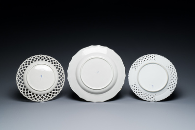 Three porcelain dishes with floral design, Tournai and The Hague, 18th C.