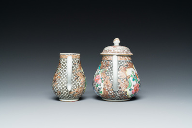 A Chinese famille rose 'pheasants' teapot and milk jug, Yongzheng