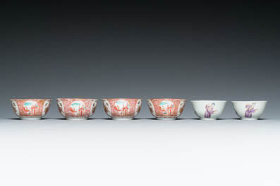 Ten Chinese blue, white, famille rose and Dutch-decorated cups and nine saucers, Kangxi and later