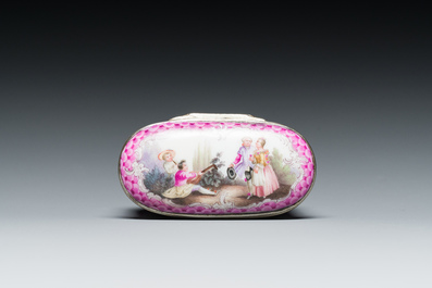 An oval gilt-silver-mounted polychrome Meissen porcelain snuff-box and cover, Germany, 3rd quarter 18th C.