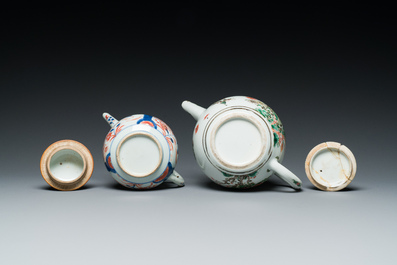 Two Chinese famille verte and Imari-style teapots and two saucers, Kangxi and later