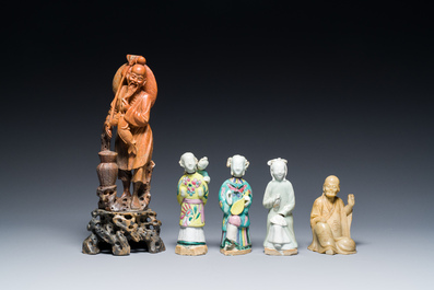 Two Chinese soapstone sculptures and three porcelain figures of ladies, Kangxi and later