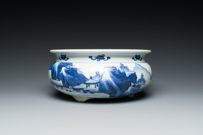 A Chinese blue and white tripod censer with figures in a mountainous landscape, Kangxi
