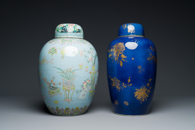 Two Chinese covered jars in gilt on powder-blue and famille rose on lavender-blue, 19th C.