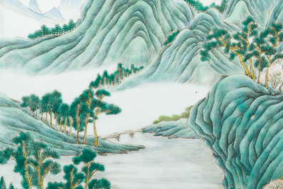 A Chinese famille verte plaque mounted in a wooden table screen, signed Li Huan 李澣, dated 1924