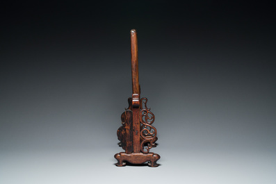 A Chinese famille verte plaque mounted in a wooden table screen, signed Li Huan 李澣, dated 1924