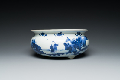 A Chinese blue and white tripod censer with figures in a mountainous landscape, Kangxi