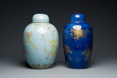 Two Chinese covered jars in gilt on powder-blue and famille rose on lavender-blue, 19th C.