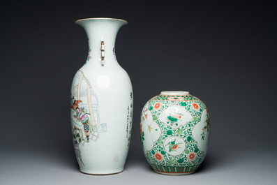 A Chinese famille rose vase and a famille verte jar with wooden cover, 19th C.