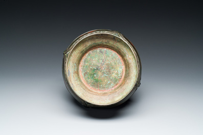 A Chinese gold and silver-inlaid bronze vase with pseudo-rust patina, 18th C.