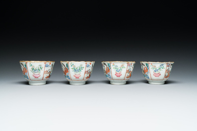 Vier Chinese famille rose koppen en schotels, Xianfeng merk en periode