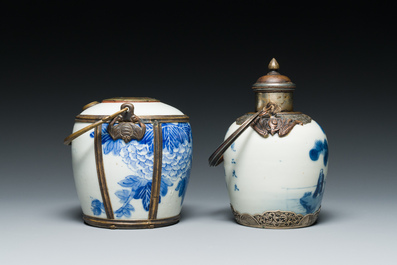 A Chinese blue and white 'Bleu de Hue' waterpipe and a tea caddy for the Vietnamese market, 19th C.
