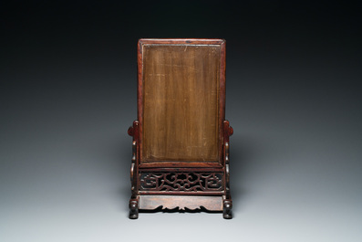 A Chinese famille verte plaque mounted in a wooden table screen, signed Li Huan 李澣, dated 1924