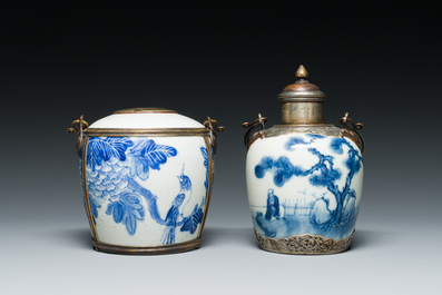 A Chinese blue and white 'Bleu de Hue' waterpipe and a tea caddy for the Vietnamese market, 19th C.