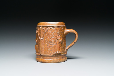 Een zeldzame Duitse steengoed pul met koning Gambrinus, Jan I van Brabant, Keulen of Frechen, ca. 1600