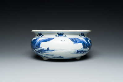 A Chinese blue and white tripod censer with figures in a mountainous landscape, Kangxi