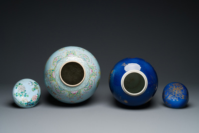 Two Chinese covered jars in gilt on powder-blue and famille rose on lavender-blue, 19th C.