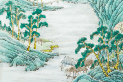 A Chinese famille verte plaque mounted in a wooden table screen, signed Li Huan 李澣, dated 1924