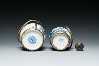 A Chinese blue and white 'Bleu de Hue' waterpipe and a tea caddy for the Vietnamese market, 19th C.