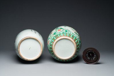 A Chinese famille rose vase and a famille verte jar with wooden cover, 19th C.