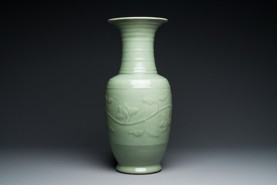 A Chinese celadon-glazed 'lotus scroll' vase, Qianlong
