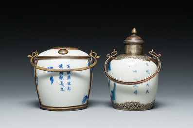 A Chinese blue and white 'Bleu de Hue' waterpipe and a tea caddy for the Vietnamese market, 19th C.