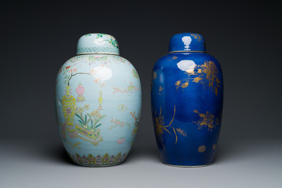 Two Chinese covered jars in gilt on powder-blue and famille rose on lavender-blue, 19th C.