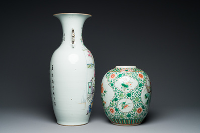 A Chinese famille rose vase and a famille verte jar with wooden cover, 19th C.