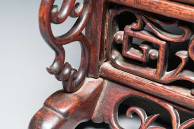 A Chinese famille verte plaque mounted in a wooden table screen, signed Li Huan 李澣, dated 1924