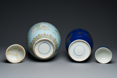 Two Chinese covered jars in gilt on powder-blue and famille rose on lavender-blue, 19th C.