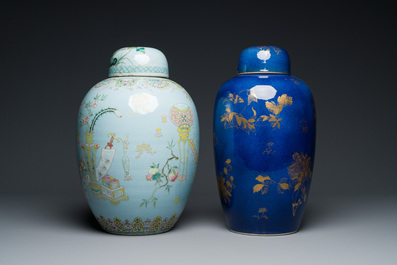 Two Chinese covered jars in gilt on powder-blue and famille rose on lavender-blue, 19th C.