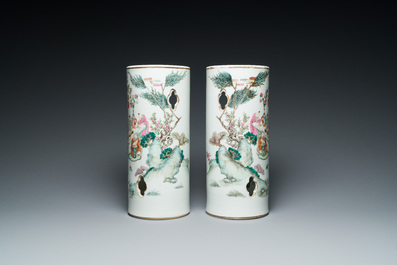 A pair of Chinese famille rose reticulated hat stands, 19th C.